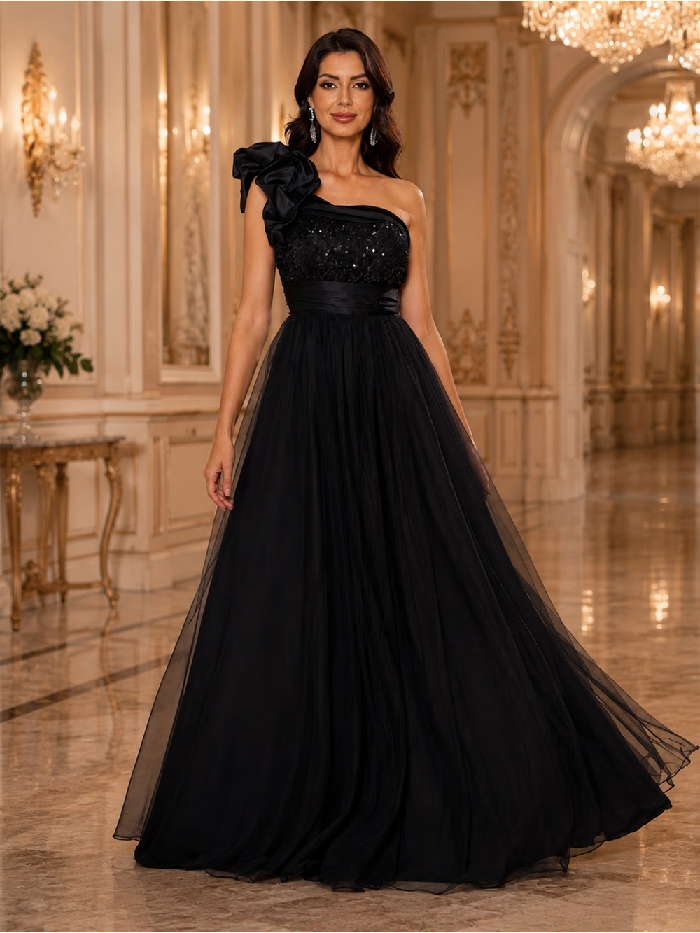 Giffniseti Black One-Shoulder Formal Maxi Gown L